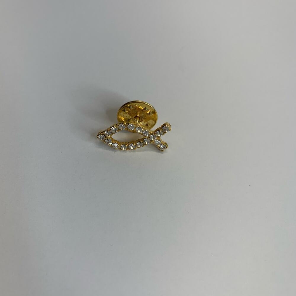 Gold Rhinestone Ichthys Fish Symbol Pin 7/8" wide